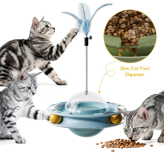 3-in-1 Interactive Wobbling Cat Roller Toy with Moving Feather and 360° Rotating Food Dispensing Feature to Alleviate Cat Anxiety and Enhance Playtime Engagement